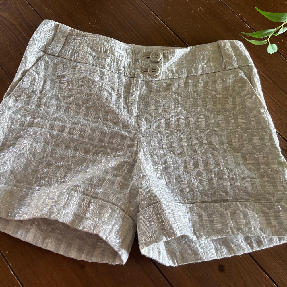 Size 4 Dressy White Shorts – Silver Metallic Geometric Detail, Cassidy Fit– Chic
